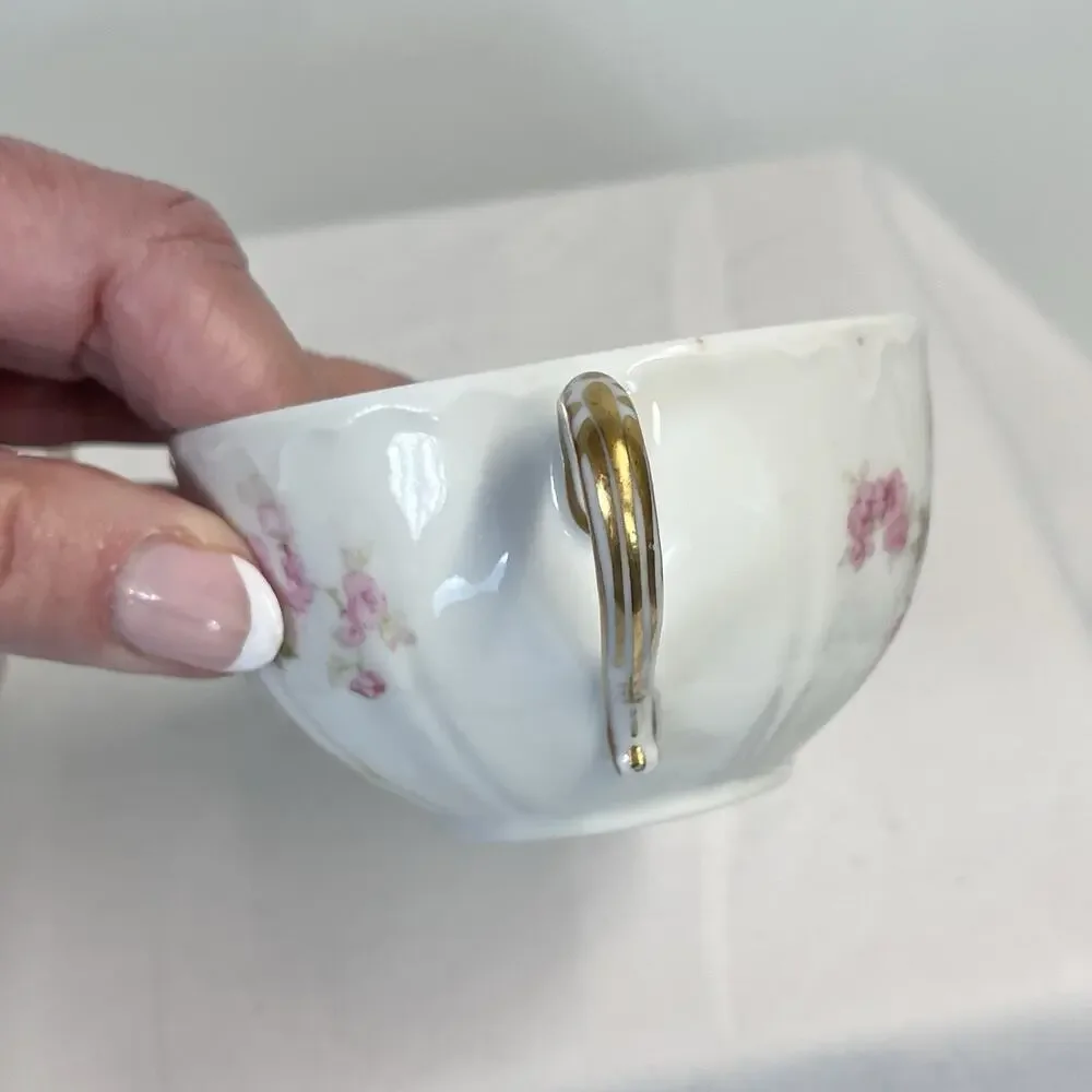 Vintage Haviland France Limoges Set of 2 Tea Cups Gold White Pink Flowers Garden